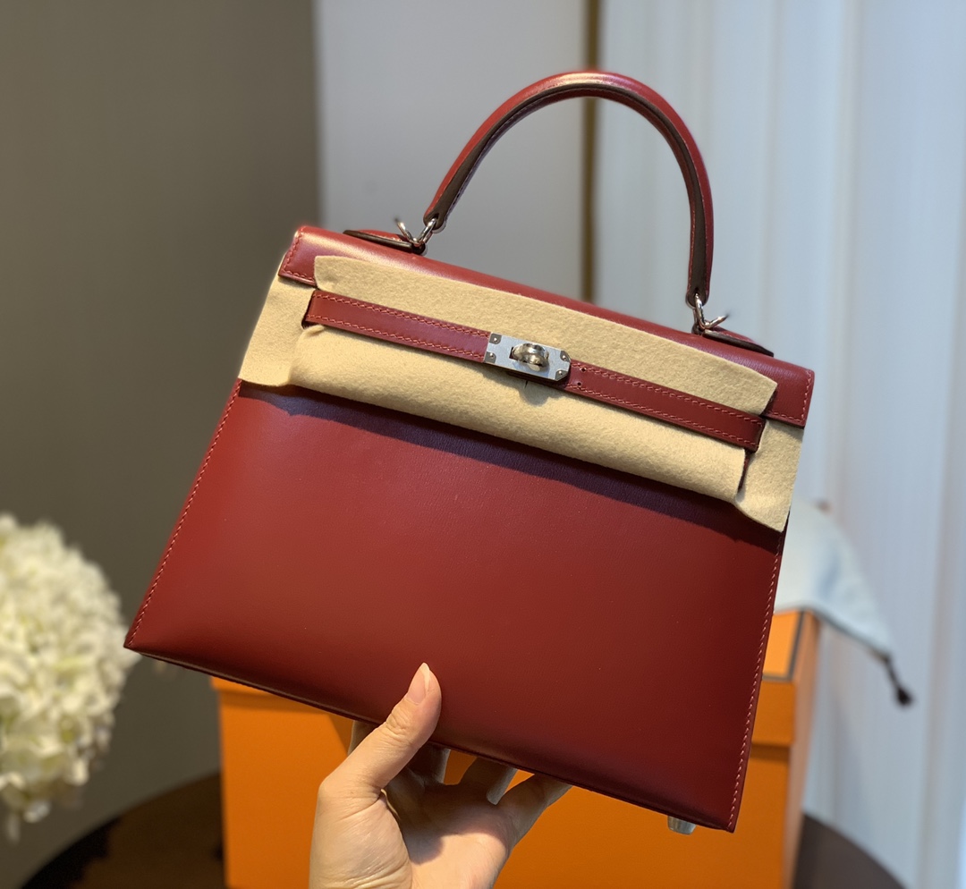 Hermes Kelly 25cm Handbag Shoulder Bag in Bordeaux Box Leather